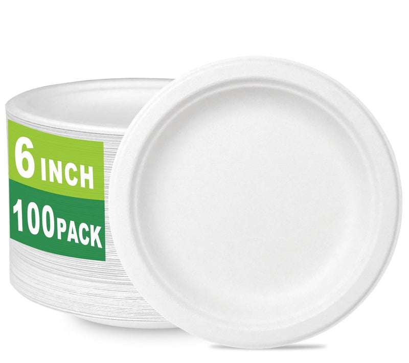 CantaGreen 6 inch Small Compostable Dessert Plates,100 Count Heavyduty Sugarcane/Bagasse and Bamboo Fibre Biodegradable Disposable Paper Plate - Image 1